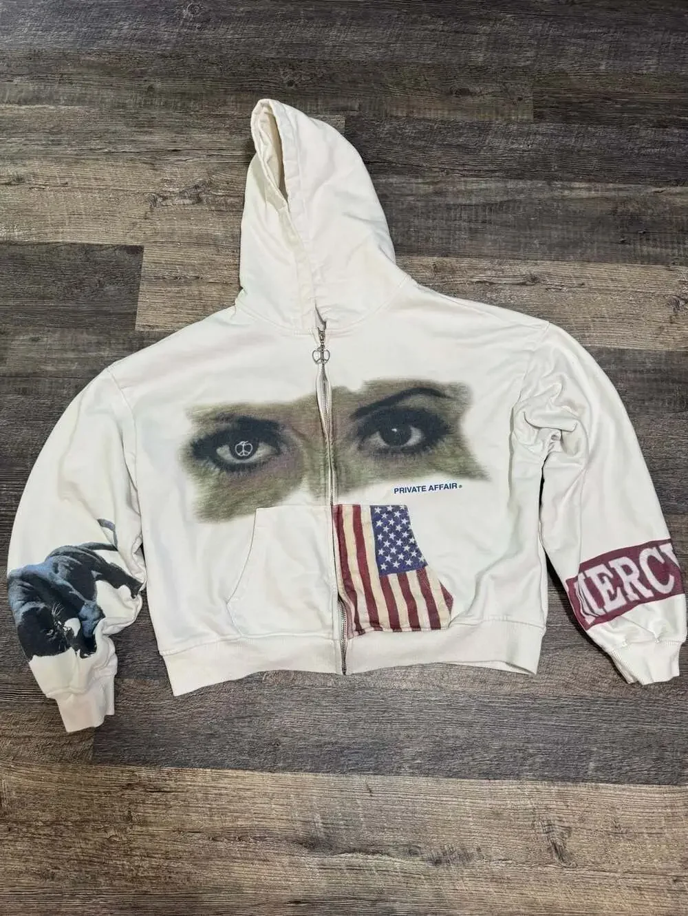 Private Affair Zip-Up Hoodie with Eye Print and American Flag Patch, Size M